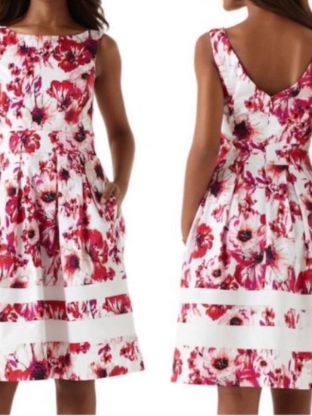 White House Black Market White Sleeveless Floral Midi Dress with Pink Red Print